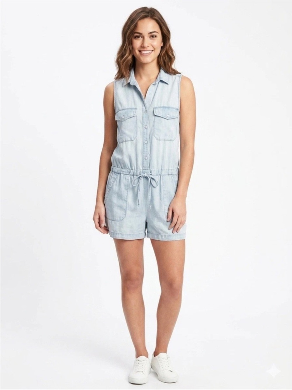 Anthropologie Cloth & Stone Chambray Tencel Romper Women’s Medium Utility Blue